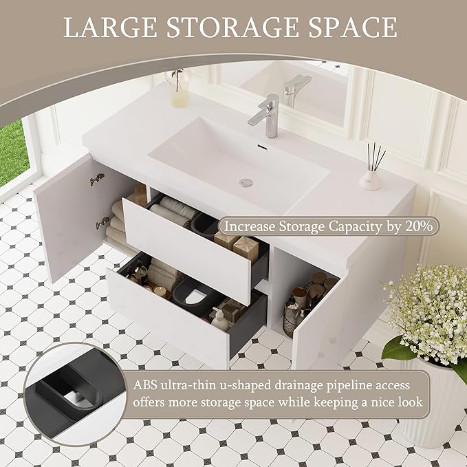 Floating Bathroom Vanity with Sink, 48" Wall-Mounted Bathroom Storage Vanity Cabinet with Resin Top Basin and Soft Close Drawers, No Assembly Required, Glossy White