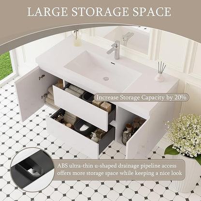Floating Bathroom Vanity with Sink, 48" Wall-Mounted Bathroom Storage Vanity Cabinet with Resin Top Basin and Soft Close Drawers, No Assembly Required, Glossy White