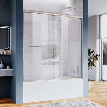 SUNNY SHOWER Bathtub Shower Door 60" W x 62" H Semi-Frameless Double Sliding Design Shower Tub Door 1/4" Clear Glass Panel, Chrome Finish