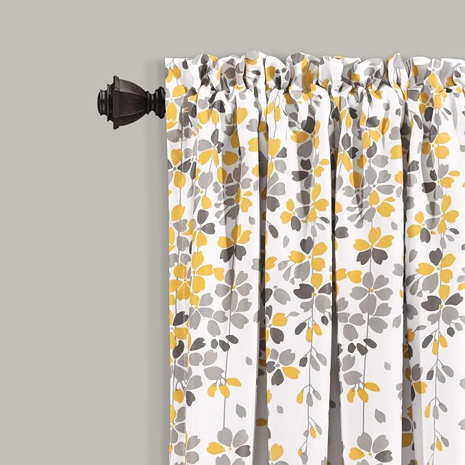 Lush Decor Weeping Flower Light Filtering Window Curtain Panels, Pair, 52"W x 63"L + 2" Header, Yellow & Gray - Charming Modern Floral Curtains for Living Room, Dining Room, & Bedroom