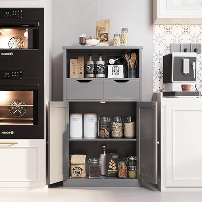 Shintenchi Floor Storage Cabinet, Bathroom Storage Organizer with Doors and Drawers, Freestanding Side Cupboard Pantry with Adjustable Shelf for Bathroom/Kitchen/Livingroom, Gray