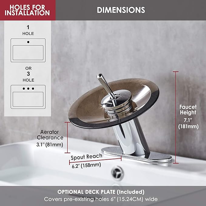 Waterfall Bathroom Sink Faucet Unique Brass Modern Circle Brown Glass Waterfall Faucet for Vanity Single Hole Pedestal Sink Faucets One Handle Corner Sink Bathroom Faucet, olished Chrome