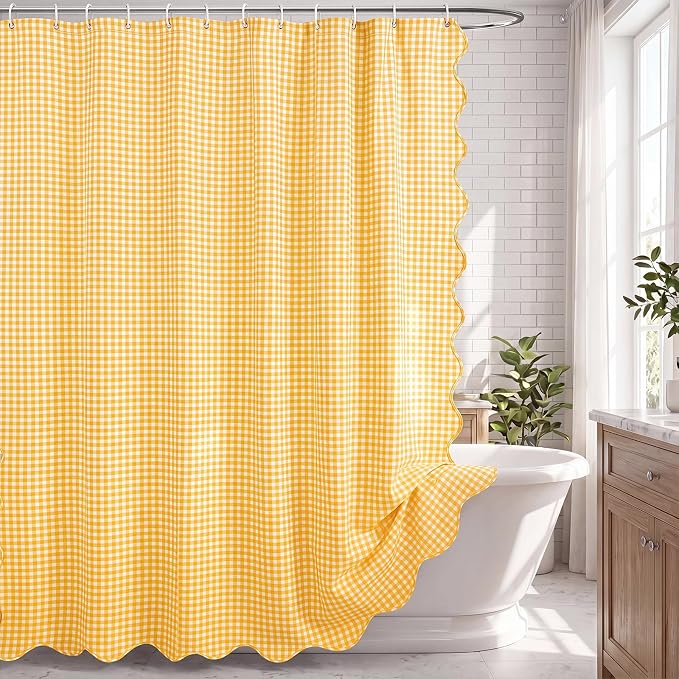 HunnmingRe Scalloped Gingham Shower Curtain Yellow | 72'' x 72'' Vintage Farmhouse Curtain, Cotton Cottage Core Rural Checkered Plaid Decor, Fall Shower Curtain for Bathroom