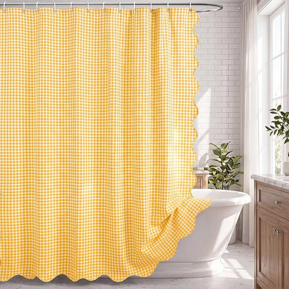HunnmingRe Scalloped Gingham Shower Curtain Yellow | 72'' x 72'' Vintage Farmhouse Curtain, Cotton Cottage Core Rural Checkered Plaid Decor, Fall Shower Curtain for Bathroom