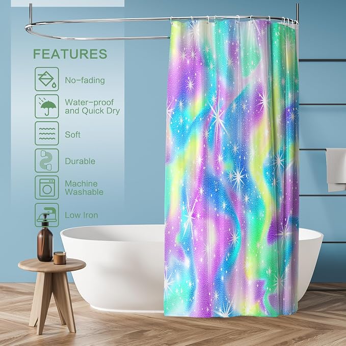 Rainbow Shower Curtain Holographic Gradient Colorful Kids Shower Curtain for Bathroom, Waterproof Polyester Machine Washable Home Decor Bath Curtains with Hooks, 72 x 72 Inch
