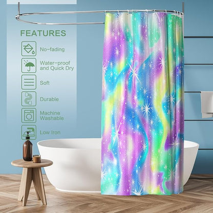 Rainbow Shower Curtain Holographic Gradient Colorful Kids Shower Curtain for Bathroom, Waterproof Polyester Machine Washable Home Decor Bath Curtains with Hooks, 72 x 72 Inch