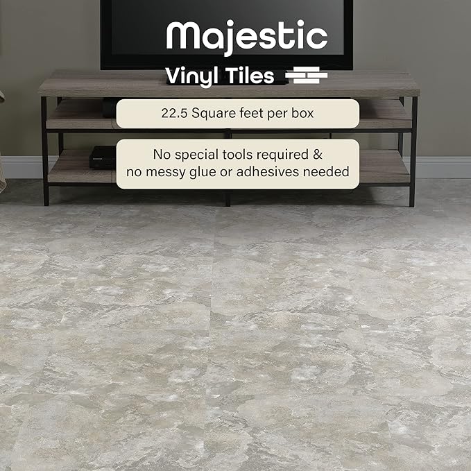 Majestic Self Adhesive 18-Inch Square Vinyl Floor Tiles, 10 Tiles - 18" x 18", Ghibli Beige Granite Pattern - Peel & Stick, DIY Flooring for Kitchen, Dining Room & Bathrooms by Achim Home Decor