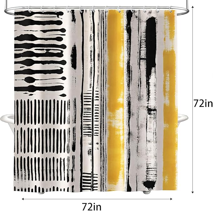 Abstract Boho Shower Curtain, Mid Century Modern Black And Beige Geometric Stripes Shower Curtains Set, Minimalist Aesthetic Art Yellow Polyester Fabric Shower Curtains for Bathroom with Hooks 72X72IN