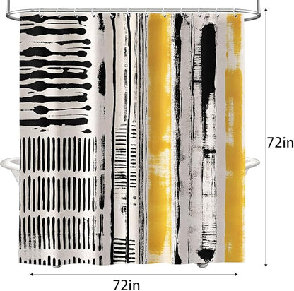 Abstract Boho Shower Curtain, Mid Century Modern Black And Beige Geometric Stripes Shower Curtains Set, Minimalist Aesthetic Art Yellow Polyester Fabric Shower Curtains for Bathroom with Hooks 72X72IN