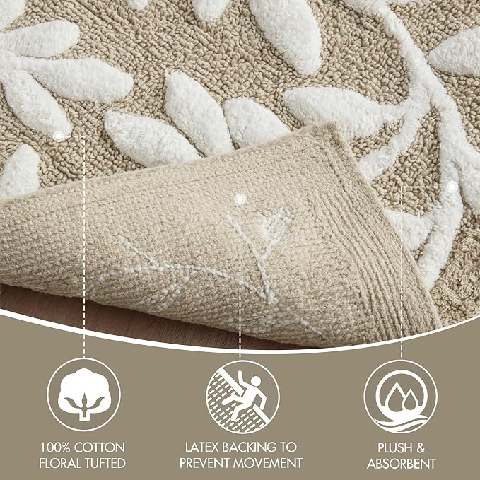 Madison Park Serene Tufted Bath Rug Cotton Absorbent, 24 x 60, Taupe | Quick Dry, Soft Pile, Machine Washable, Floral Pattern, Plush, OEKO-TEX Certified
