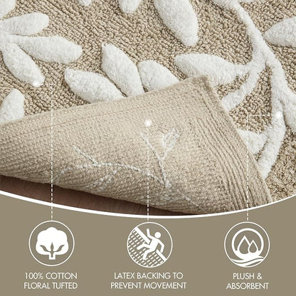 Madison Park Serene Tufted Bath Rug Cotton Absorbent, 24 x 60, Taupe | Quick Dry, Soft Pile, Machine Washable, Floral Pattern, Plush, OEKO-TEX Certified