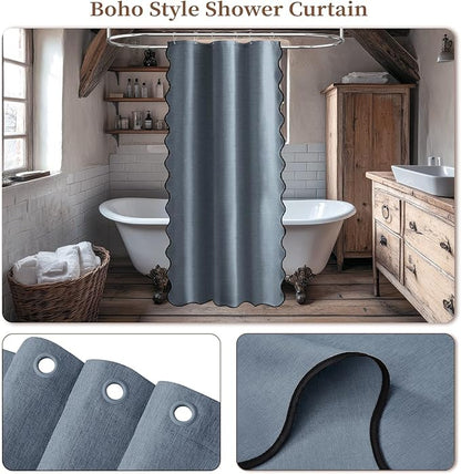 BTTN Boho Stall Shower Curtain, 36x72 Scalloped Linen Textured Thick Fabric Shower Curtain Set with 6 Plastic Hook, Half Modern Rustic Farmhouse Waterproof Cloth Shower Curtain for Bathroom, Blue Grey
