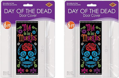 Beistle Day Of The Dead Door Covers – 2 All-Weather Día de los Muertos Plastic Door and Wall Decorations, Sugar Skull Design for Halloween Parties, Cultural Celebrations and Fiesta Events, 6' x 30"