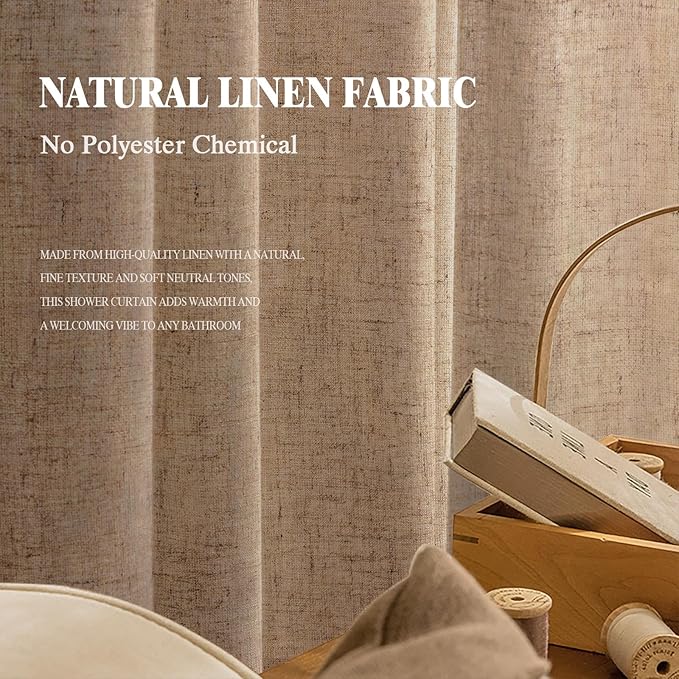 Linen Shower Curtain Khaki, Fabric Boho Farmhouse Shower Curtains for Bathroom Cotton Natural Cloth Liner Set 72" W x 72" L
