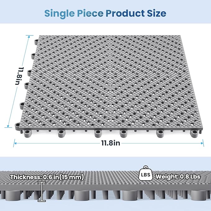 12-Pcs Interlocking Tile, Indoor/Outdoor Drainage Interlocking Floor Tiles 11.8" x 11.8", Anti-Slip Waterproof Soft PVC Splicing Flooring Tile for Garage Patio Pool Bathroom, Grey
