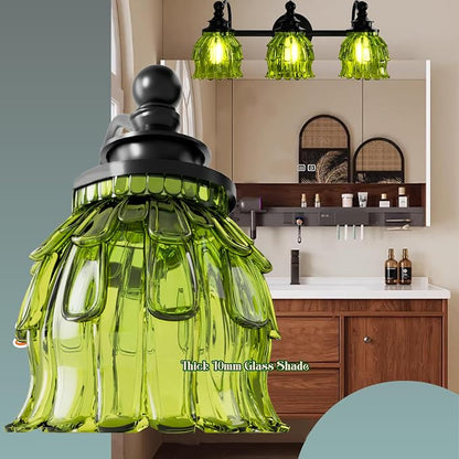 3-Light Bathroom Vanity Light Fixture Wall Mounted Mirror Front Lamp | with Water-Lily Shaped Green Crystal Glass Shade, Modern Black Antique Finish Lamp for Mirror Kitchen Living Room Hallway