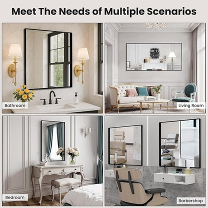LOAAO Black Bathroom Mirror 30"X36" | Tempered Glass, Hangs Vertically or Horizontally, Easy to Install, Modern Design