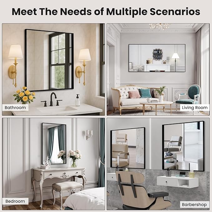 LOAAO Black Bathroom Mirror 32"X32" for Wall, Rectangle Bathroom Vanity Mirror, Tempered Glass, Hangs Vertically or Horizontally, Easy to Install, Modern Design