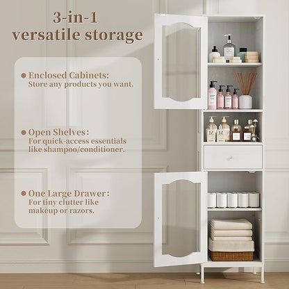 66.4" Tall Bathroom Storage Cabinet with Adjustable Shelves and Glass Doors, Anti-Tipping Narrow Cabinet, Linen Cabinet for Bathroom, Kitchen, Living Room, Cloud White