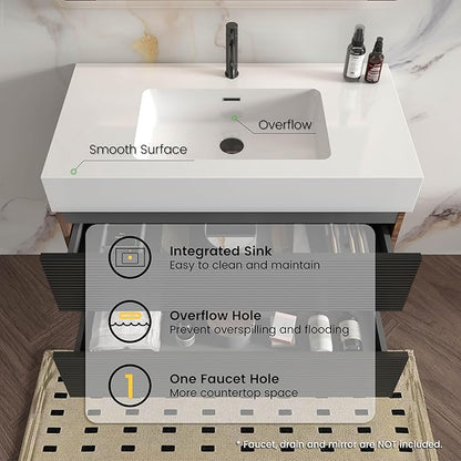 36 Inch Bathroom Vanity with Sink, Floating Bathroom Cabinet with 2 Soft-Closing Drawers, Large Storage for Small Bathroom, Apartment, Hotel, Walnut+Black, White Sink