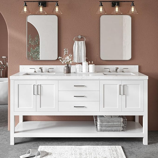 ARIEL Magnolia 72-inch Bathroom Vanity with Sink,Solid Wood, 1.5-inch Carrara White Quartz Countertop, Double Rectangular Porcelain Sink, 4 Soft Closing Doors, 3 Dovetail Drawers, White