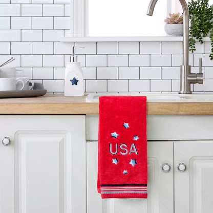 SKL Home USA Hand Towel Set-2pc, 100% Cotton, Embroidered, Red | Fun for Memorial Day, 4th of July, Labor Day & all patriotic holidays. For use in the bathroom, kitchen or bar.