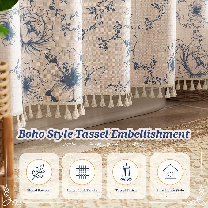 Vintage Blue Floral Shower Curtain with 12 Clear Rings - 72" W x 72" L | Farmhouse Fabric Faux Linen Shower Curtain Set, French Country Cottagecore Style Shower Curtain for Bathroom