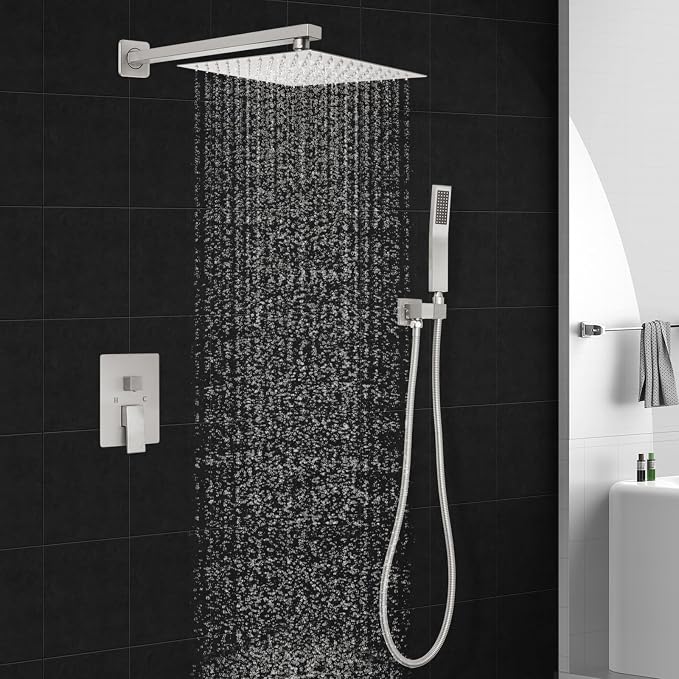 Brushed Nickel Square Rainfall Shower Head Set with Handheld, 10" | 10 Inch Square Head, With Shower Valve, Rustproof Brushed Nickel, High Pressure Raindrop
