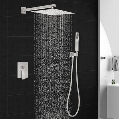 Brushed Nickel Square Rainfall Shower Head Set with Handheld, 10" | 10 Inch Square Head, With Shower Valve, Rustproof Brushed Nickel, High Pressure Raindrop