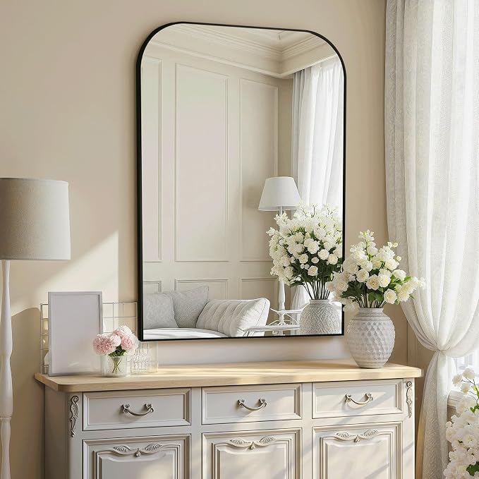 40"x28" Black Metal Framed Bathroom Mirror for Over Sink | Rounded rectangle shape. Shatterproof HD glass, all mounting hardware for bathroom, bedroom, entryway.