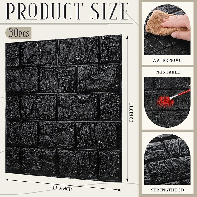 30 Pcs 3D Wall Panels Peel and Stick Wallpaper Foam, Black | Faux Brick Stone Tiles, Covering 28.8-48.4 Sq ft, Self Adhesive Waterproof Panels for Bedroom Living Room Kitchen Walls