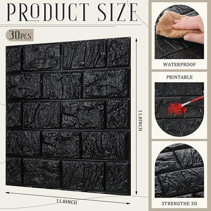 30 Pcs 3D Wall Panels Peel and Stick Wallpaper Foam, Black | Faux Brick Stone Tiles, Covering 28.8-48.4 Sq ft, Self Adhesive Waterproof Panels for Bedroom Living Room Kitchen Walls