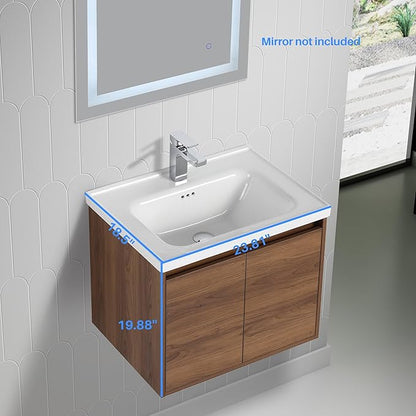 Blossom 24 Inch Wall Mounted Bathroom Vanity with Sink | Floating Wood Vanity Cabinet | Modern Soft-Close Doors & Storage | Ceramic Basin | Space-Saving Design (Brown Walnut, 24'' Ceramic Sink)
