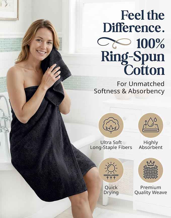 LANE LINEN Bath Towel Set Quick Dry 100% Cotton 16 Piece Soft - Black | Cotton Bath Towels - Classic Terry Weave, Densely Woven & Durable, Easy-Care, Coordinated Colors