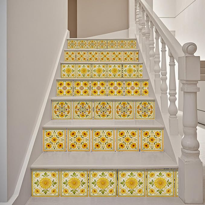 36pcs 4 Styles Yellow Floral Patterns Wall Tile Stickers, 4x4inch | Vintage Flowers Designs Waterproof PVC Tile Decals for Kitchen Bathroom