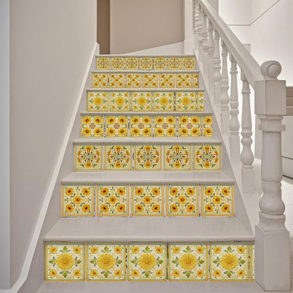 36pcs 4 Styles Yellow Floral Patterns Wall Tile Stickers, 4x4inch | Vintage Flowers Designs Waterproof PVC Tile Decals for Kitchen Bathroom