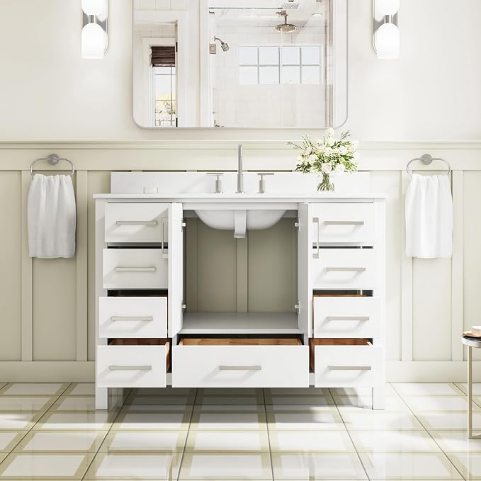 48-Inch Bathroom Vanity with Sink, 2 Soft-Close Doors and 9 Soft-Close Drawers, Bathroom Freestanding Vanity with Cultured Marble Countertop, White Vanity with Brushed Nickel Handles