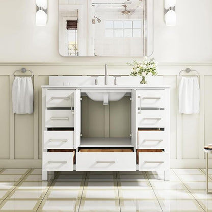 48-Inch Bathroom Vanity with Sink, 2 Soft-Close Doors and 9 Soft-Close Drawers, Bathroom Freestanding Vanity with Cultured Marble Countertop, White Vanity with Brushed Nickel Handles