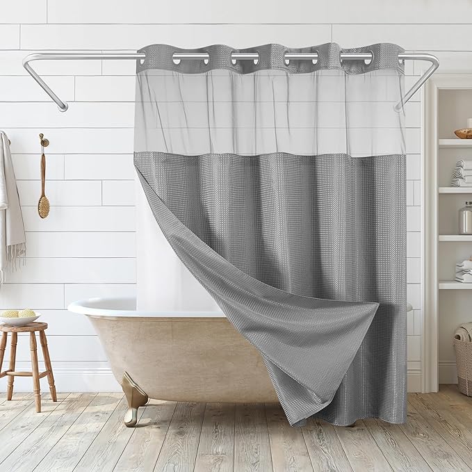 Americanflat 72x75 Hookless Waffle Pattern Shower Curtain - Water-Resistant Long Shower Curtain with Sheer Panel, Snap-in Liner, and Durable Grommets - 100% Polyester - Light Grey