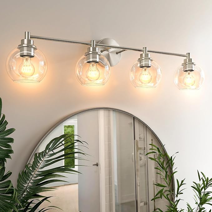 VONLUCE 4 Light Bathroom Vanity Light Fixtures, Brushed Nickel Finish | Globe Glass Shades, E26 Sockets, Easy to install, ETL Certificated, Vanity Lights for Bedroom Hallway Living Room