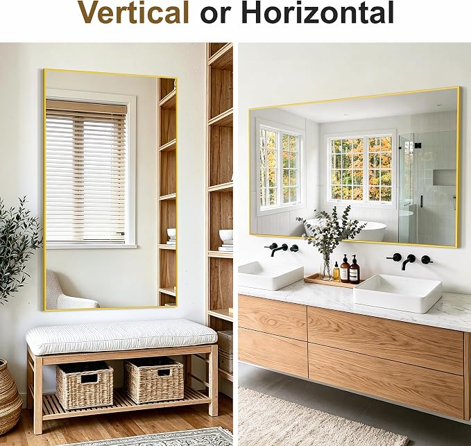 Bathroom Vanity Mirror for Over Sink, 60x36 Inch Matte Gold Mirror | Shatterproof Tempered Glass, Anti-Rust Metal Frame, Rectangle Wall Mirrors for Bedroom, Living Room & Entryway