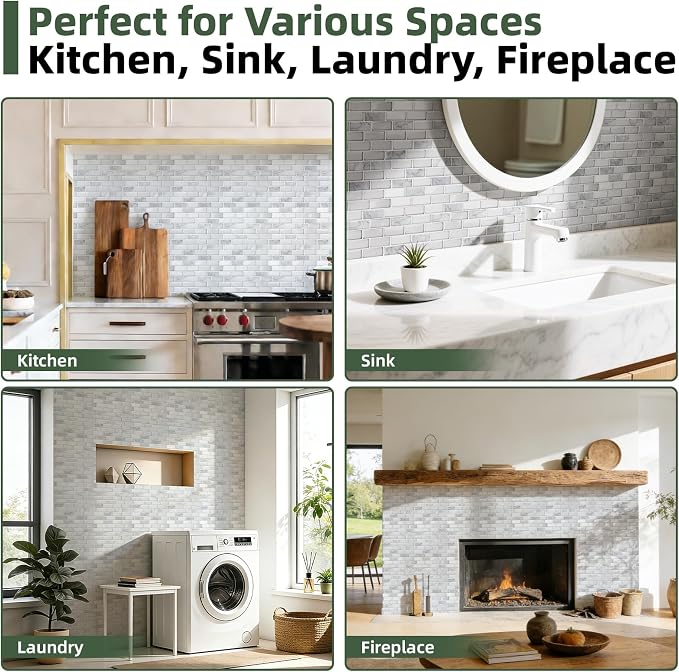 LONGKING Peel and Stick Subway Tile Backsplash for Kitchen, Vertical Strip Design, White Marble Tile, Waterproof Wall Sticker for Kitchen & Bathroom | Peel and stick backsplash, self-adhesive wall tile, White Marble, vertical strip, waterproof, kitchen...