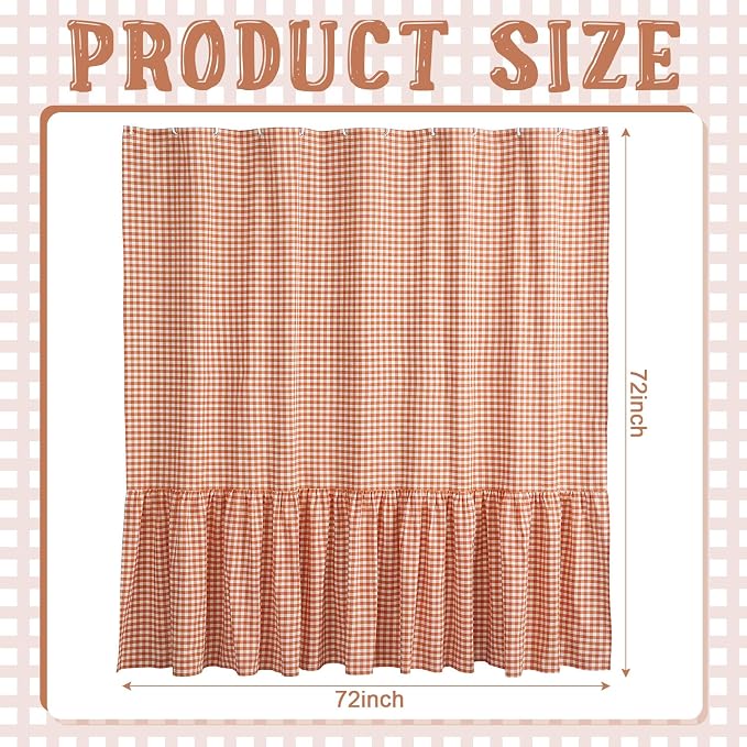 HunnmingRe Ruffle Hem Gingham Shower Curtain, Orange Farmhouse | Waterproof Fabric for Bathroom, Machine Washable, Standard Size Fits Most Tubs, Farmhouse Cottage Style Decor