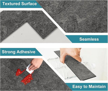 Vamos Tile Peel & Stick Backsplash, Textured 40-Piece 3''x12'' Subway Tile | Dark Gray Slate Seamless Wall Tile,PVC Faux Stone Stick on Subway Tiles for Kitchen,Bathroom,Laundry,Camper,Fireplace