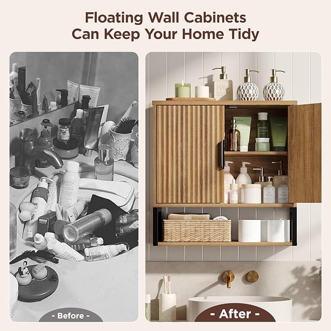 Fluted Bathroom Wall Storage Cabinet with Open Shelf, Floating Wall Mounted Medicine Cabinet with Adjustable Shelves, Over The Toilet for Bathroom, Laundry Room, Kitchen, Natural Oak