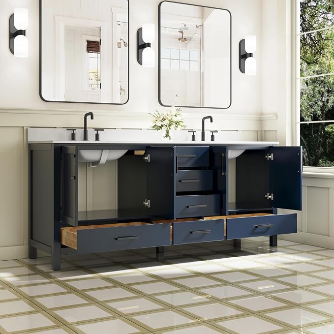 80-Inch Bathroom Vanity with Sink, 4 Soft-Close Doors and 6 Soft-Close Drawers, Bathroom Freestanding Vanity with Cultured Marble Countertop, Navy Blue Vanity with Matte Black Handles