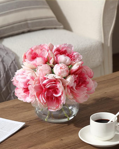 Garvee Artificial Peonies Flowers with Vase, Mixed Pink Silk Peony Bouquet with Faux Water in Glass Vase, Lifelike Fake Peonies Floral Arrangement for Table Centerpiece, Wedding, Home Decor