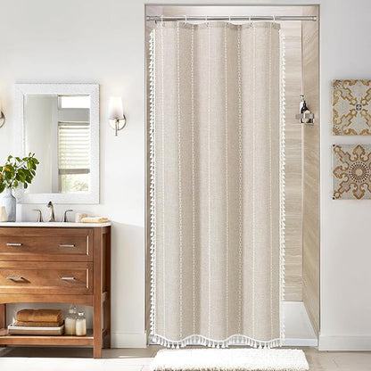 MitoVilla Beige Boho Small Stall Fabric Shower Curtain 36 x 72, Cream Half Size Narrow Polyester Linen Tassel Cloth Shower Curtains for Chic Modern Farmhouse Country Bathroom Decor