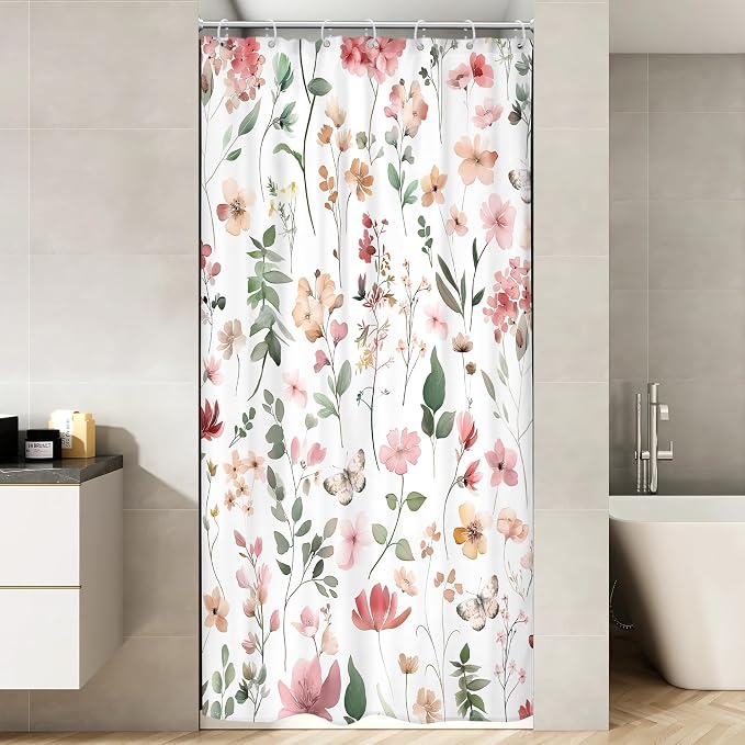 Small Stall Pink Floral Women Girls Coral Leaf Bathroom Shower Curtain Set | 36"W x 72"H Watercolor Wildflower; waterproof HD print, quick-dry fabric and plastic hooks for easy setup.