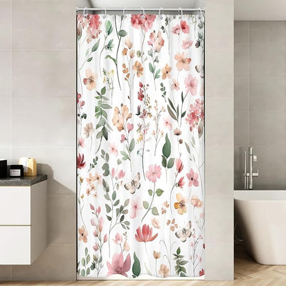 Small Stall Pink Floral Women Girls Coral Leaf Bathroom Shower Curtain Set | 36"W x 72"H Watercolor Wildflower; waterproof HD print, quick-dry fabric and plastic hooks for easy setup.